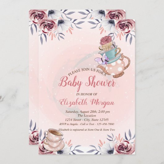 ティーポット茶カップフローラ茶パーティー赤ちゃんシャワー 招待状 (正面/裏面)