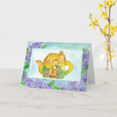 ティーポット薄紫水彩花ハッピーバースデー カード (黄色い花)