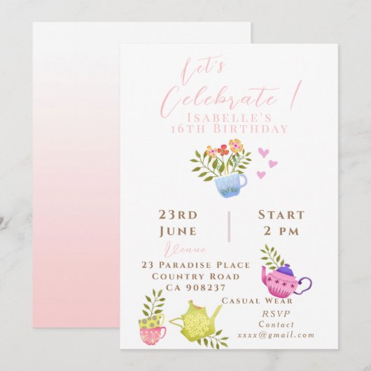 ティーポット&カップ誕生日 案内状 (正面/裏面)