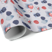 ティーポット、カップ、カラフルな果物たち、薄い紫色の上で ラッピングペーパー (ロールコーナー)