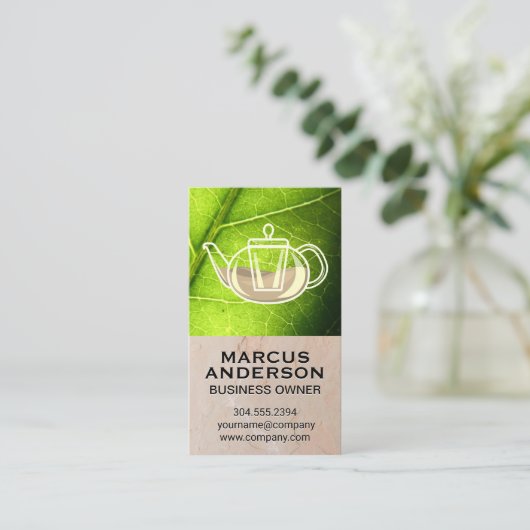 ティーポット | クレーのテクスチャウォールグリーンリーフ 名刺 (スタンド正面)