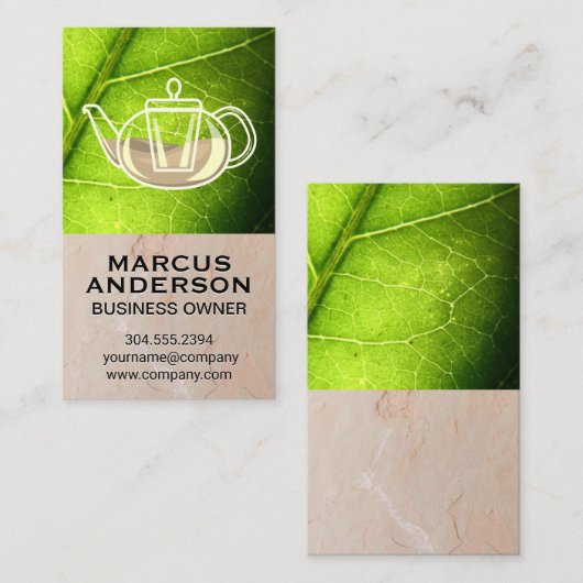ティーポット | クレーのテクスチャウォールグリーンリーフ 名刺 (正面/裏面)