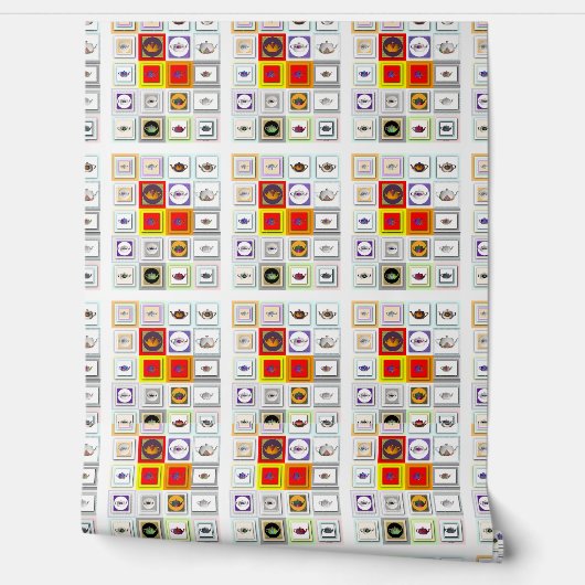 ティーポット コラージュ キッチン 壁紙 (ほどく)