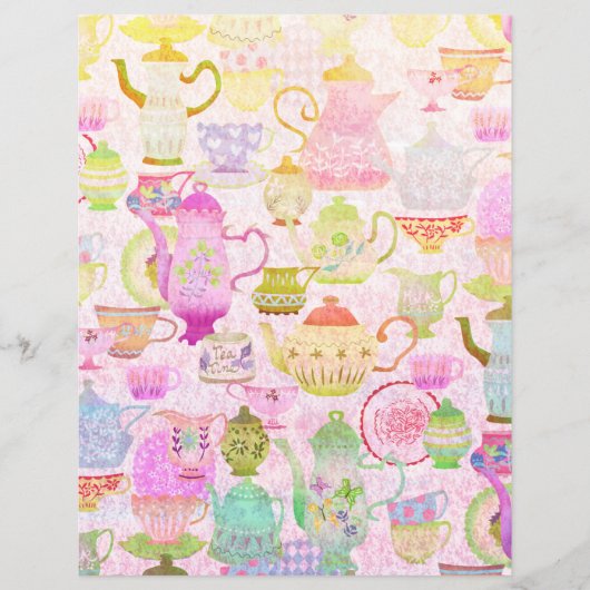 ティーポット、ティーカップとソーサーのヴィンテージスクラップブック紙 (正面)
