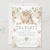 ティーポット&ティーカップワイルドフラワーお洒落ズ誕生日 招待状 (正面)