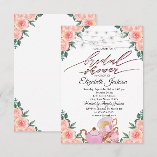 ティーポット マカロン ストリング ライト ローズ ブライダル シャワー 招待状 (正面/裏面)
