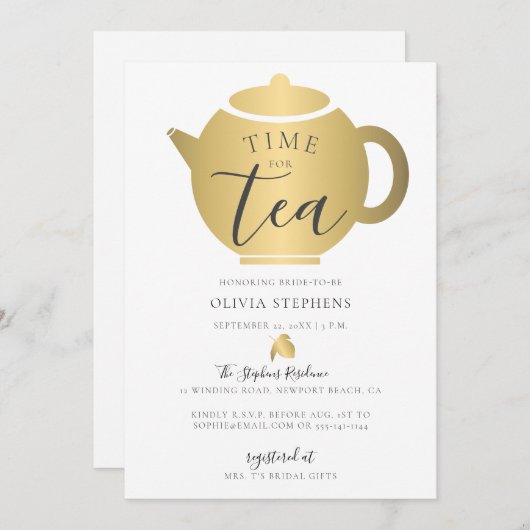 ティーミニマルエレガントリスト金ゴールドブライダルシャワー 招待状 (正面/裏面)