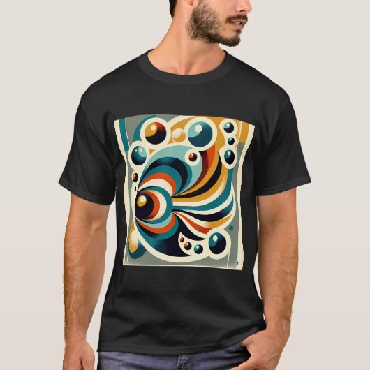 ティールとオーカーの泡とレトロ幾何学魚 Tシャツ (正面)