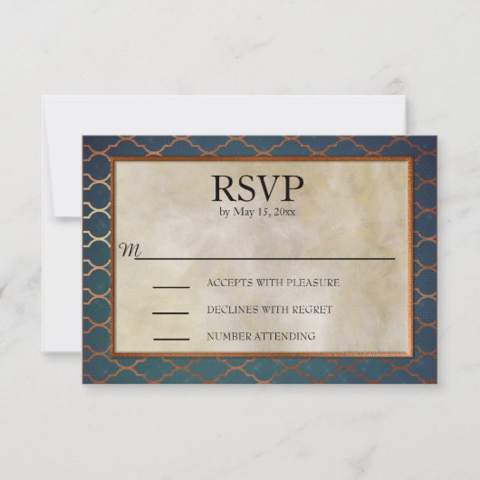 ティールとコッパーのエレガントな結婚式RSVP 出欠カード (正面)
