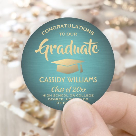 ティールとゴールドのトレンディな卒業おめでとう ラウンドシール