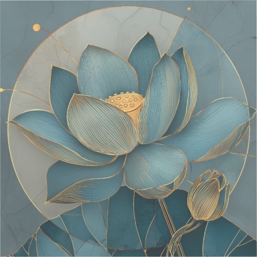 ティールとゴールドの蓮の花 幾何学ラインアート 禅 シール (正面)