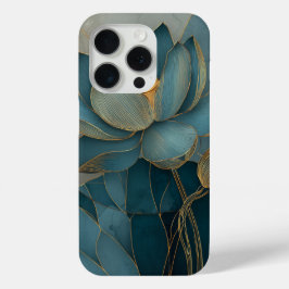ティールとゴールドの蓮の花 幾何学ラインアート 禅 iPhone 15 PROケース