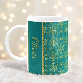 ティールとゴールドの雪の結晶 クリスマスマグカップ 名入れ コーヒーマグカップ