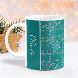 ティールとシルバーの雪の結晶 クリスマスマグ 名前入り コーヒーマグカップ