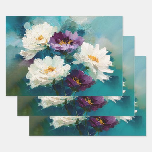 ティールとパープルの絵画風の花 ラッピングペーパーシート (セット)