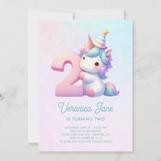 ティールとピンクのかわいいユニコーンの2歳の誕生日 招待状 (正面)