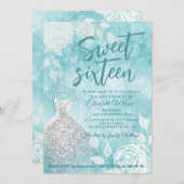 ティールとホワイトローズのスイート16 誕生日 招待状 (正面/裏面)