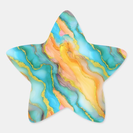 ティールと黄橙色のパターンの海の波 星シール (正面)