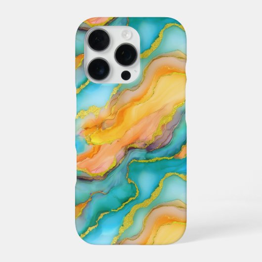 ティールと黄色オレンジのパターンの海の波 iPhoneケース (裏面)