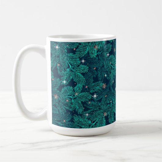 ティールの松の枝と白い雪の結晶 コーヒーマグカップ (左)