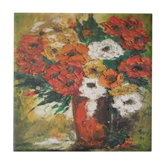 ティールアン絵を描ヘイズの赤い花が混ざった タイル (正面)