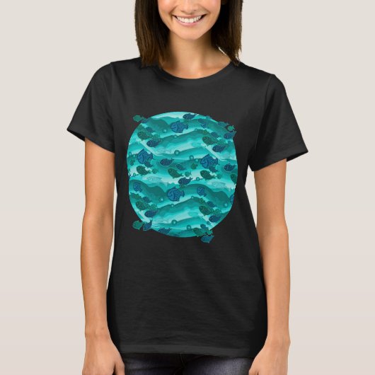 ティールウェーブフィッシュパターン Tシャツ (正面)