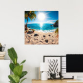 ティールウォーターカラーのウミガメ 海岸の禅 ポスター (ホームオフィス)