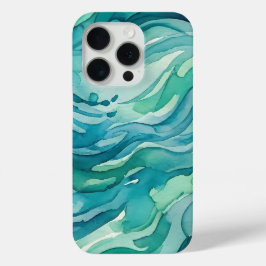 ティールウォーターカラーの海の波 iPhone 15 PROケース