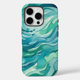 ティールウォーターカラーの海の波 iPhone 16 PROケース