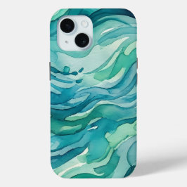 ティールウォーターカラーの海の波 iPhone 15ケース