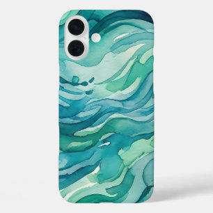 ティールウォーターカラーの海の波 iPhone 16 PLUSケース