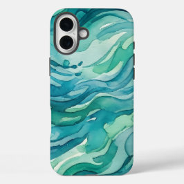 ティールウォーターカラーの海の波 iPhone 16 PLUSケース