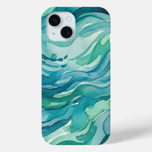 ティールウォーターカラーの海の波 iPhone 15ケース