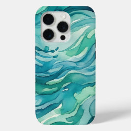 ティールウォーターカラーの海の波 iPhone 15 PROケース