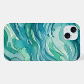 ティールウォーターカラーの海の波 iPhoneケース (裏面横)