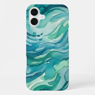 ティールウォーターカラーの海の波 iPhone 16 PLUSケース