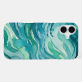 ティールウォーターカラーの海の波 iPhoneケース (裏面横)