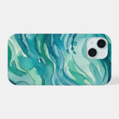 ティールウォーターカラーの海の波 iPhone 15ケース (裏面横)
