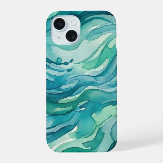 ティールウォーターカラーの海の波 iPhone 15ケース (裏面)