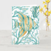 ティールエンゼルフィッシュの水彩画の魚 カード (黄色い花)