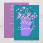 ティールカラーのカラフルでハッピーな誕生日おめでとうの花が入ったマグカップ シーズンカード (正面/裏面)