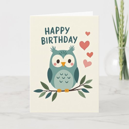 ティールカラーのフクロウの誕生日カード カード (正面)
