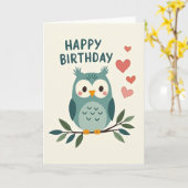 ティールカラーのフクロウの誕生日カード カード (黄色い花)