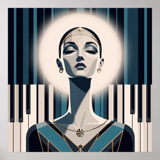ティールカラーの夜想曲:アールデコ調のピアノの肖像画 ポスター (正面)