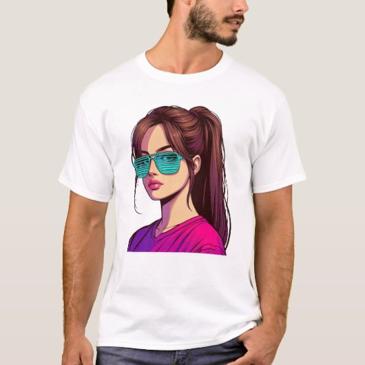 ティールカラーの少女アート Tシャツ (正面)