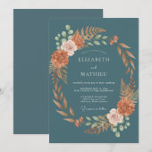 ティールカラーの植物のモチーフを使った秋の結婚式 招待状 (正面/裏面)