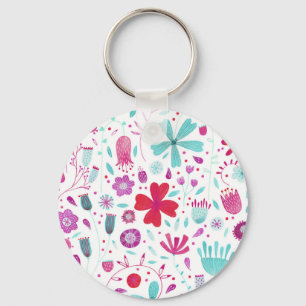 ティールカラーの花畑の水彩画 キーホルダー