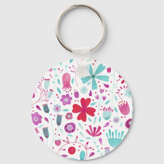 ティールカラーの花畑の水彩画 キーホルダー (正面)