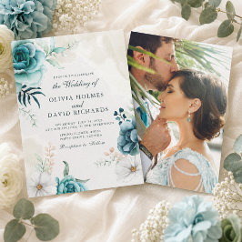 ティールカラーの野の花の写真の結婚式招待状 招待状