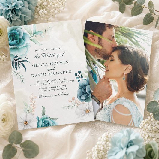 ティールカラーの野の花の写真の結婚式招待状 招待状